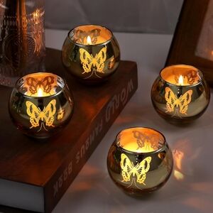 Set of 6 Gold Butterfly Globe Votive Tealight Candle Holders New in Box